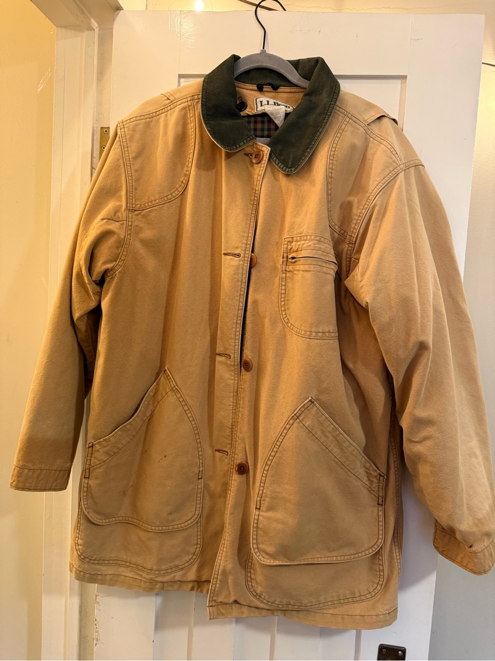 L.L. Bean Tan Canvas Field Coat with Dark Green Corduroy Collar rare vintage